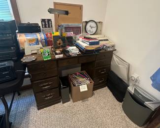 Knee Hole Desk; File Folders; Brother Typewriter; Paper Shredder; Office Supplies; Cork Board