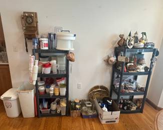 Wastebaskets; Thomas Limited Edition Old Fashion Push Button Wall Phone; Tupperware; Plastic Containers; Jars; Travel Mugs; Pur Pitcher; Metal Molds; Pie and Cake Carrier; Gold Plastic Trays; Deluxe Yummy Can Bacon; 1982 Workd Series Cardinal Bottles; Kroger Anniversary 100 years Bottle 1883-1983;