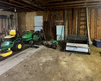 John Deere Riding Lawn Mower; Lawn Boy Riding Lawn Mower; Lawn Boy Push Mowers; Yard Tools; Ohio Steel Lawn Sweeper; Craftsman Broadcast Spreader; Wooden Ext Ladder; Boards; Metal Poles