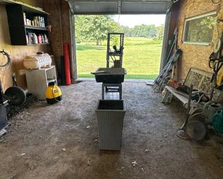 Utility Wagon; Pumps; Garden Bench; Metal Shelving Units; Chicken Feeders; Lawn Aerator; Bug Sprays; Paint; Stakes; Scale; Watering Cans
