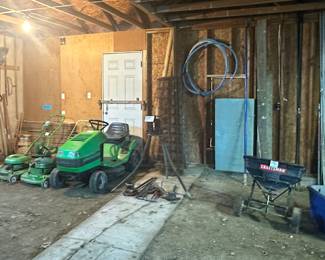 Lawn Boy Riding Lawn Mower; Lawn Boy Push Mowers; Yard Tools; Craftsman Broadcast Spreader; Wooden Ext Ladder; Boards; Metal Poles