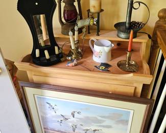 Woode Table/server, Railroad Lantern, Candles, Duck Artwork
