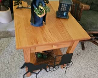 Wooden End table, Hanging Lantern, Metal Amish Horse and Buggy