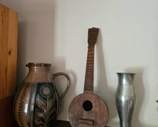 Vintage Ukulele, Decorative Pitcher, Pewter Vase