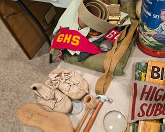 Vintage shoes, Corn Cob Pipe, Magnifying Glass, Boy Scout memorabilia
