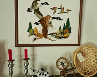 Framed Duck Artwork, Pewter Candlesticks