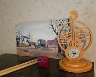 Guitar Themed Clock, Amish Scenery Artwork