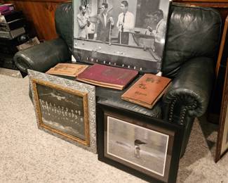 Green Leather Loveseat, Framed Pictures