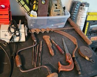 Cargo Straps, vintage hand drill and bits