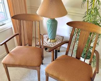 Pair of Mid Century Bonnie Garrison Capri Sun Persimmon Accent Chairs, Turquoise Ceramic & Brass Table Lamp