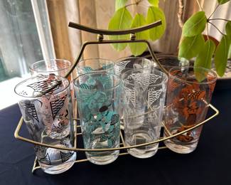 Set of 8 Asian Design Highball Glasses with Drink Caddy
