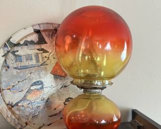 Oil Lamp with Red and Amber Amberina Glass Globe