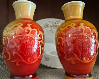 Pair of Red and Orange Avon Spring Bouquet Fragrance Vases