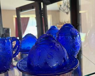 EAPG Embossed Delaware Cobalt Blue Mug, Butter Dome and Covered Sugar Bowl