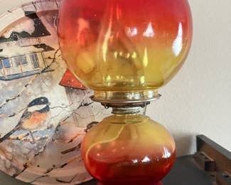 Oil Lamp with Red and Amber Amberina Glass Globe
