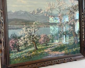 Framed T. Peterson Reproduction Print of Cherry Blossoms In Front of Mountain Peaks