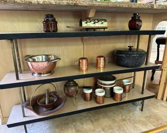 Amber Brown Apothecary Jars, Grater for Quinces with Wooden Base, Copper Colander, Copper & Brass Salt & Pepper Shakers, Black Graniteware Pot, Copper Basket, Mortar & Pestle, Swedish Tinned Copper Teapot with Wooden Handle and Brass Feet, Copper Double Boiler with White Ceramic Insert, Set of 4 Copper Hot Toddy Mugs with White Ceramic Inserts