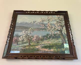 Framed T. Peterson Reproduction Print of Cherry Blossoms In Front of Mountain Peaks