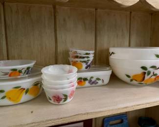 Fire King "Gay Fad Fruit" Baking Dishes, Custard Cups and Mixing Bowls, Set of 4 Fire King "Peach Blossom" Custard Cups