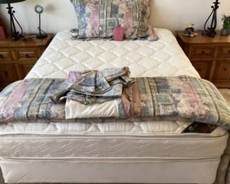 Queen, size Serta, perfect sleeper, pillow, top bed, and frame