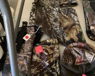 Camo hunting masks, snake, shinguards, holsters