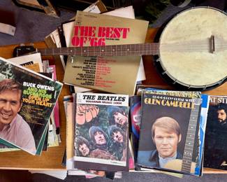Vintage records, music books, instruments