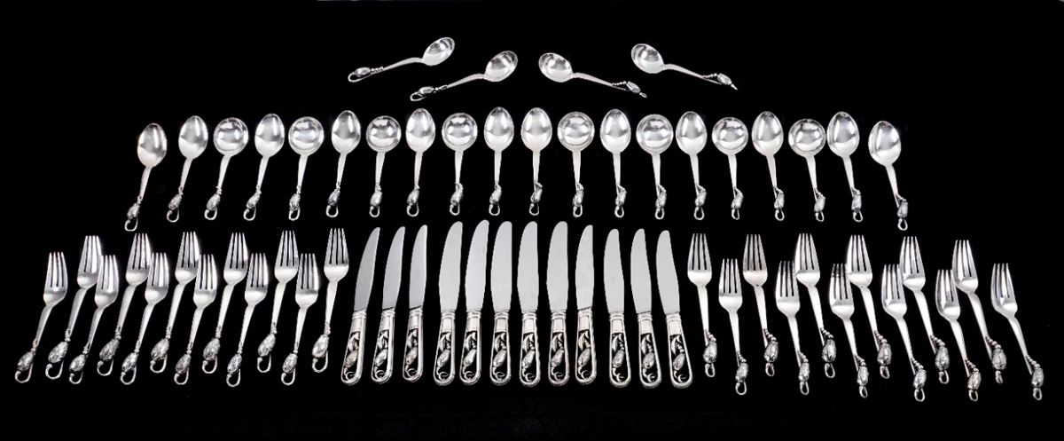 Lot 1: 60pc Georg Jensen Blossom Sterling Silver Flatware
