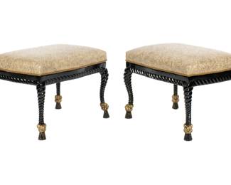 Lot 51a: Pair Empire Style Ebonized Parcel Gilt Ottomans