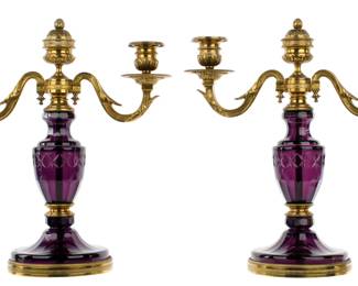 Lot 260: Pair French Bronze Dore Amethyst Glass Candelabra