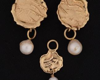 Lot 89b: 3pc Nikki Feldbaum 14k Gold & Pearl Earrings & Charm