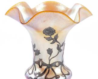 Lot 69: Quezal Iridescent Glass Silver Overlay Vase