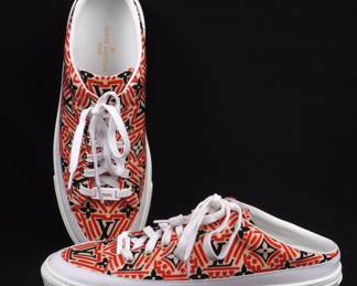 Lot 84a: Pair Unworn Louis Vuitton Crafty Canvas Open Back Sneaker Shoes