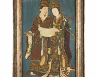 Lot 334: Chinese Carved and Painted Panel Royal Couple