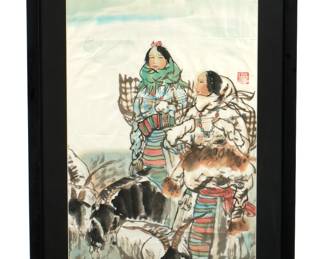 Lot 318: Chinese Watercolor of Nomadic Women with Goats