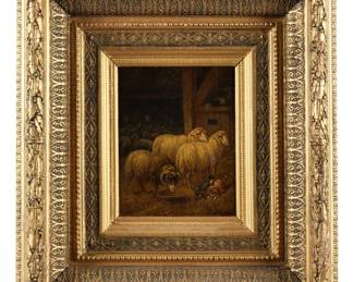 Lot 270: Adolf Nowey Sheep and Puppies in Barn Painting