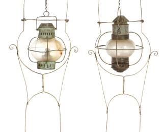 Lot 384: Two Onion Glass Ship's Oil Lanterns on Stands