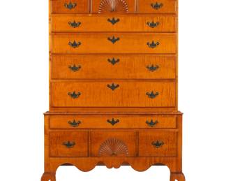 Lot 78: Eldred Wheeler Tiger Maple Highboy Chest on Stand