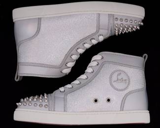 Lot 204e: Pair Christian Louboutin Silver Lou Spiked High Top Sneakers