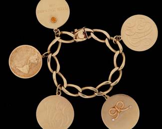 Lot 195: 14k Yellow Gold Bracelet with Five Large Charms