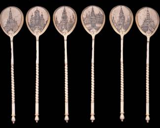 Lot 212a: Set of Six Russian Silver Niello Teaspoons in Case