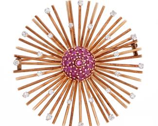Lot 95: Mid Century 14k Gold Ruby Diamond Starburst Brooch
