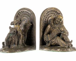 Lot 348: Two Louis Fontinelle Bronze Bookends Musician & Dogs