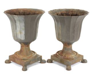 Lot 234: Pair Large Cast Iron Fluted Garden Urns
