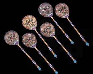 Lot 212: Set of Six Russian Gilt Silver & Enamel Spoons