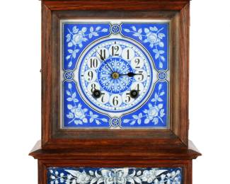 Lot 394: Delft Style Blue White Porcelain Dial Mantle Clock