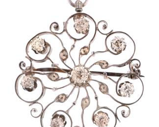 Lot 123: Art Nouveau 14k Gold and Diamond Brooch Pendant
