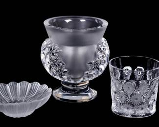 Lot 395: Three Piece Lalique Crystal Vase Tray and Tumbler
