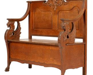 Lot 48: Victorian Carved Oak Hall Bench with Griffins