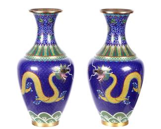 Lot 322: Pair Lao Tian Li Zhi Chinese Cloisonne Dragon Vases
