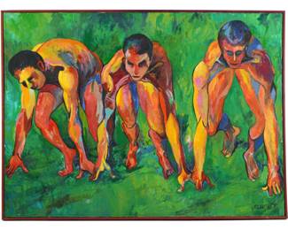 Lot 315: Large Bob Arnold Modernist Three Runners Painting